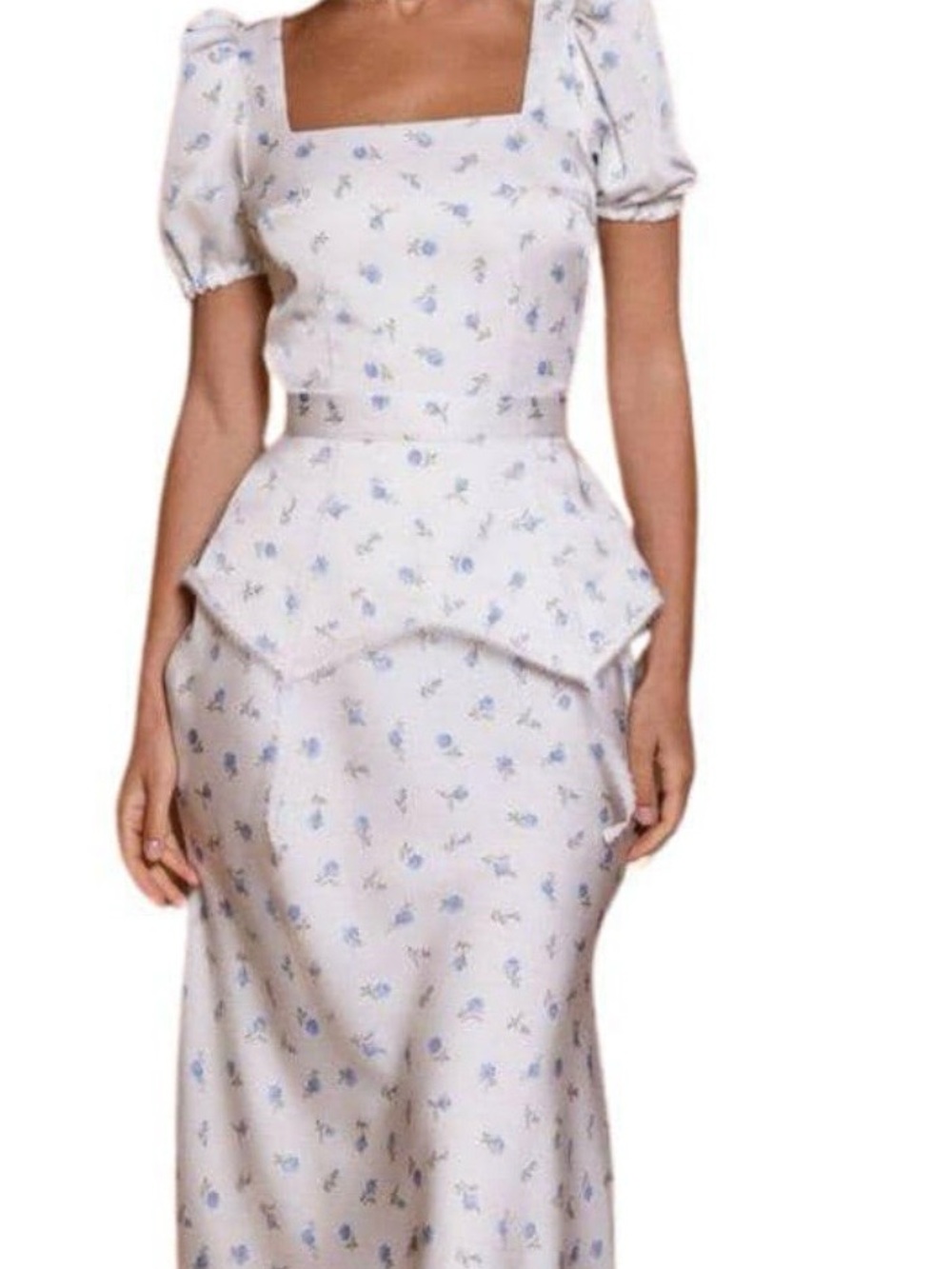 Elegant Cream Satin Peplum Maxi Dress with Puff Sleeves